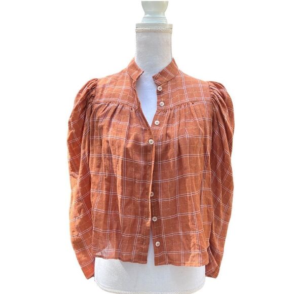 MANGO ORGANIC COTTON BLOUSE BROWN TAN CHECK PRINT GOLD METALLIC THREAD NWT SMALL - Picture 3 of 16